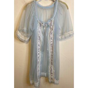 Vintage TOSCA Lingerie 4500 Sheer Chiffon Robe Blue Nylon Lace Peignoir LARGE